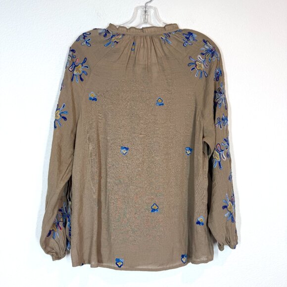 Fig and Flower Embroidered Boho Peasant Blouse Top Large Brown Blue Floral - Picture 2 of 6
